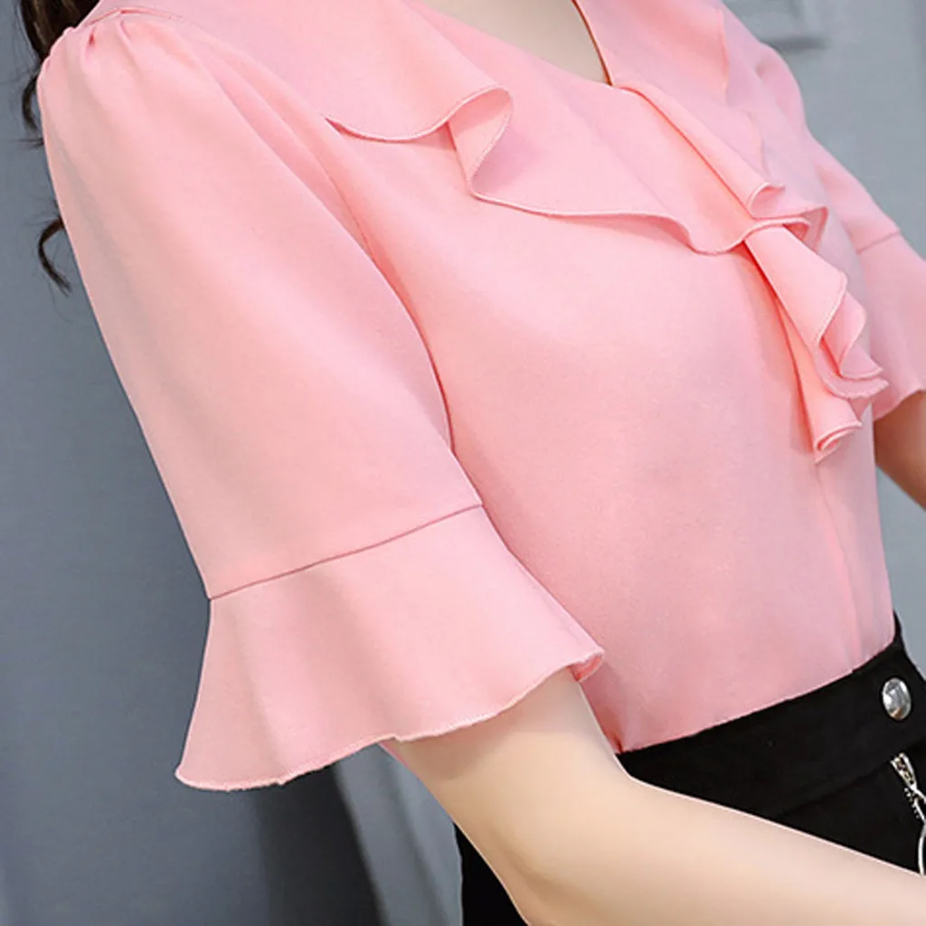 

Fashion Women Spring Summer Shirt Short Sleeve Casual Ruffles Tops Sexy V-Neck Office Lady Solid Chiffon Shirts Tops Blusas