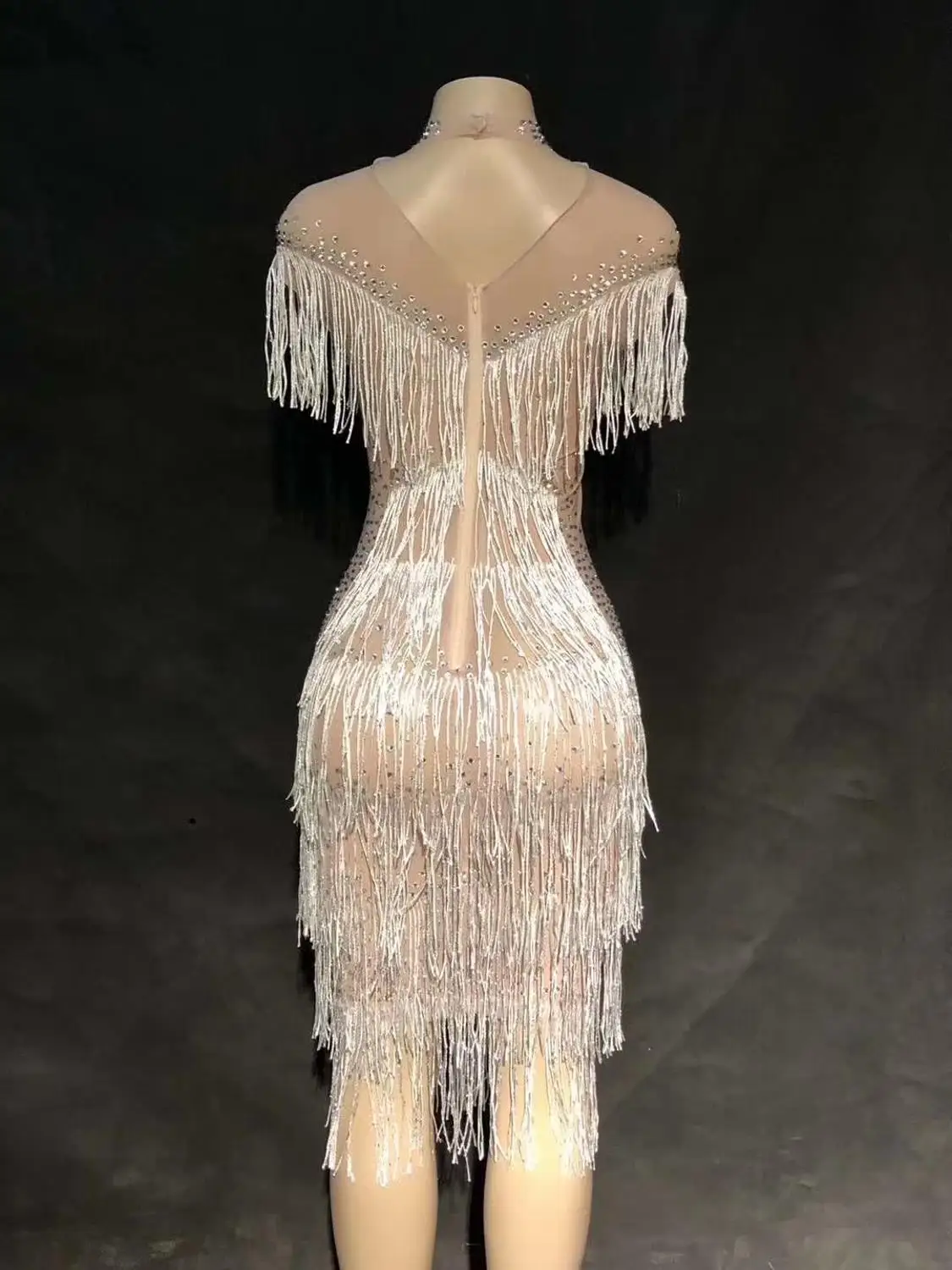 Блестящее белое Сетчатое платье с бахромой для празднования дня рождения