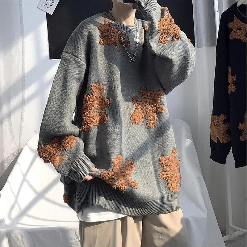 

Round Neck Men's Sweater Pullover Loose Winter Leisure All-match Harajuku Bear Oversized Sweaters Korean Fashion Clothing