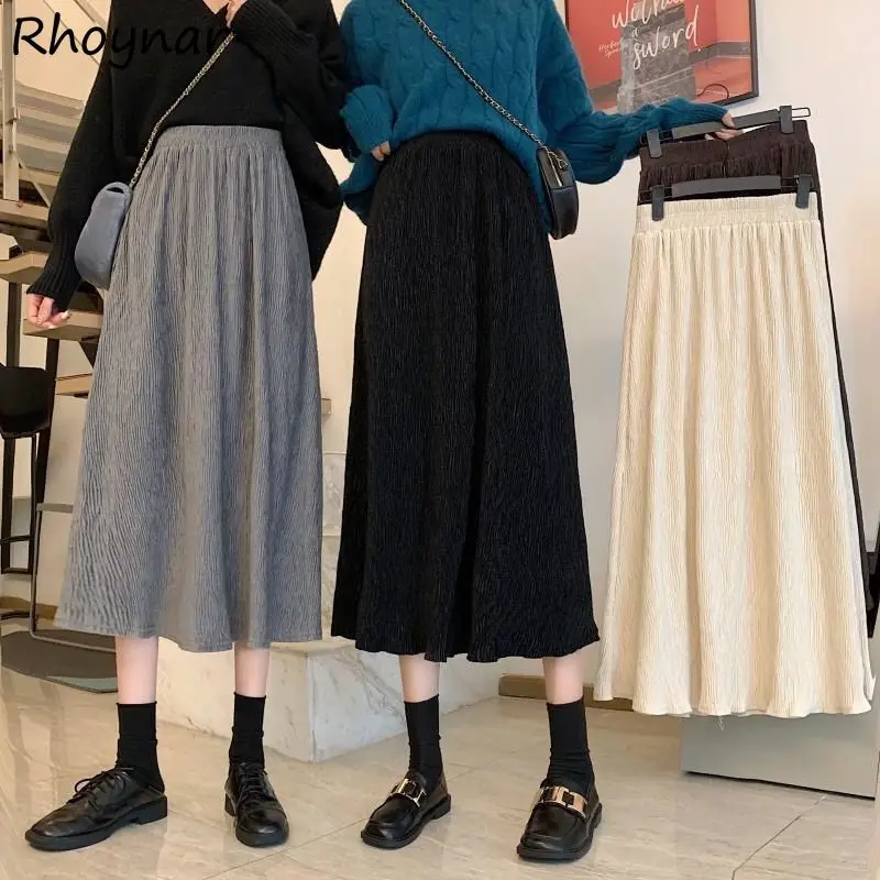 

Skirts Women All-match Leisure High Waist Solid Mid-calf Autumn Fashion Stretchy Lady Streetwear Ulzzang A-line 4 Color Elegant