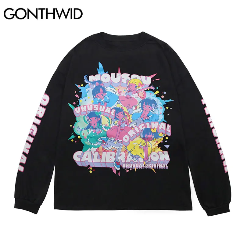 

Футболки GONTHWID в стиле Харадзюку с японским мультяшным аниме, футболки с длинным рукавом, Модные свободные повседневные хлопковые футболки, ...