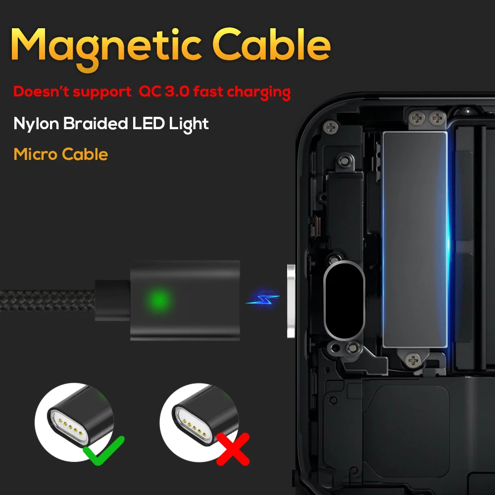Магнитный Micro USB кабель TOPK AM21 со светодиодной подсветкой нейлоновый Плетеный