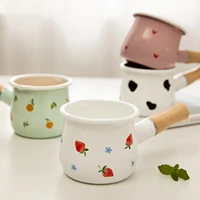 500ml mini enamel coffee milk pot with wooden handle saucepan cookware for baby breakfast oatmeal cooking gas stove induction