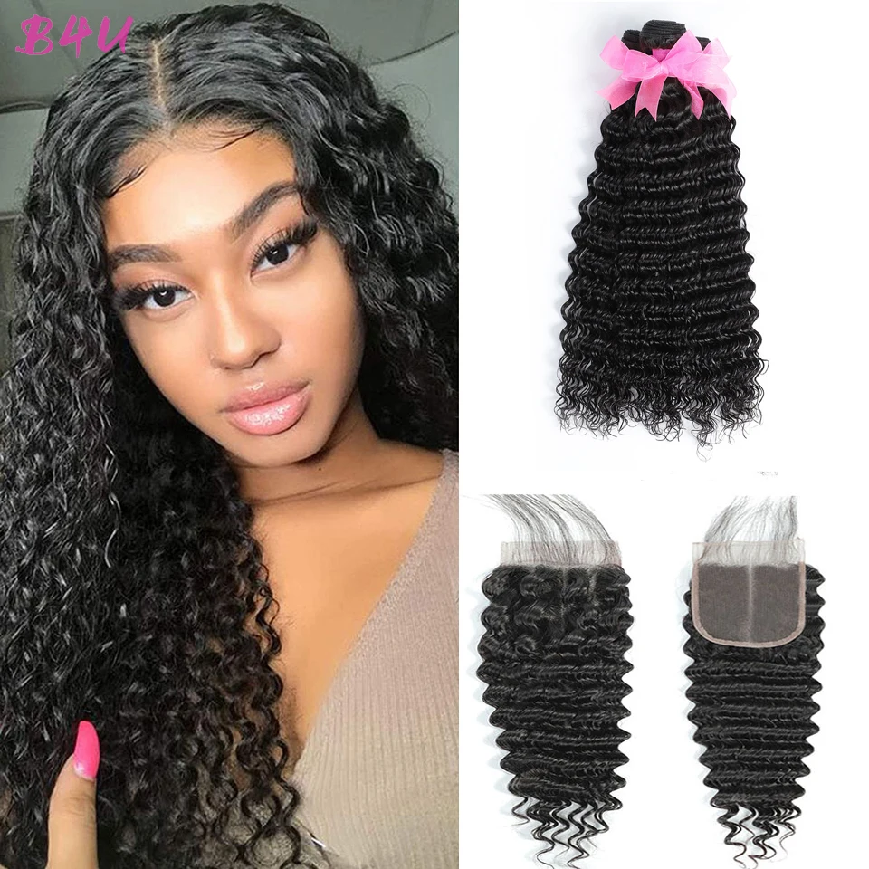 

Deep Wave Bundles With Closure Peruvian Human Hair Extensions Wave Bundles With 4x4 Lace Closure 3/4+1 bundles With Lace Closure