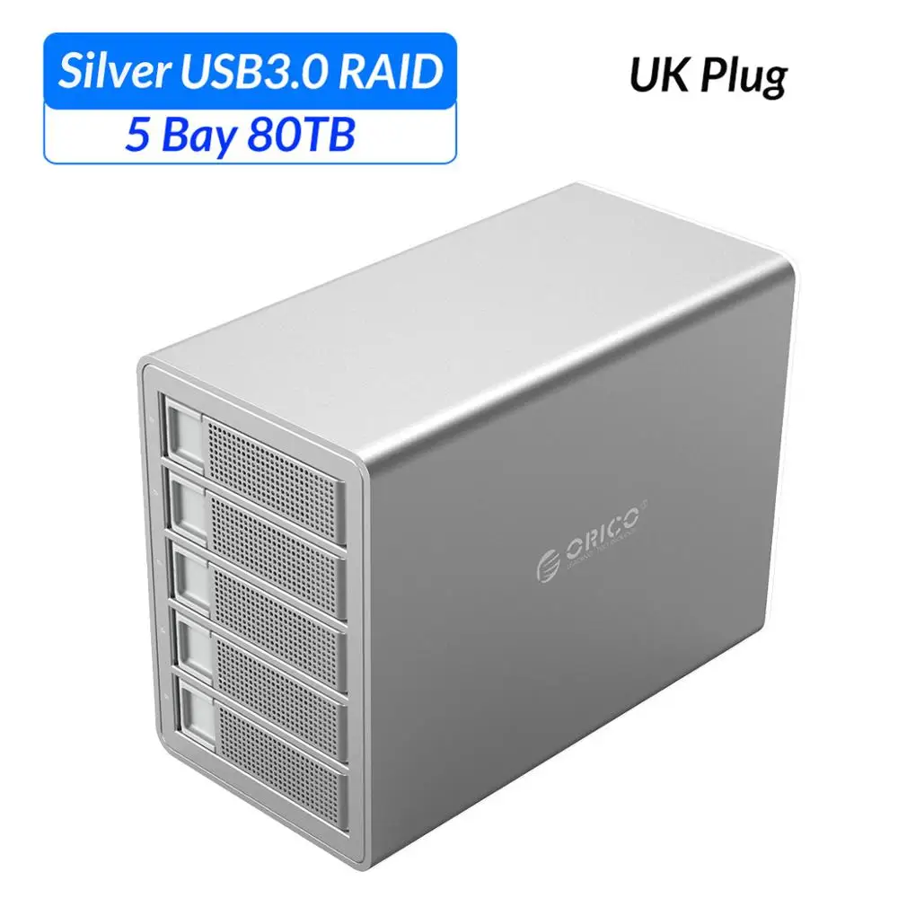 Док-станция ORICO 3,5 ''5 bay для жесткого диска USB3.0 to SATA с RAID алюминиевым корпусом для жесткого диска двойной чип 80 ТБ емкость чехол для жесткого диска - Цвет: Sliver UK Plug