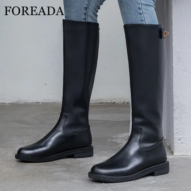 

FOREADA Real Leather Riding Boots Women Platform Flat Knee High Boots Metal Decoration Long Boots Zip Lady Shoes Winter Black 42