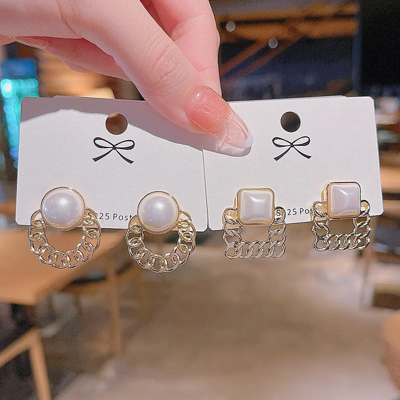

New Metal Braided Pearl Geometric Stud Earrings for Women Fashion 925 Silver Needle Square Hoop Earrings Party Jewelry Gift