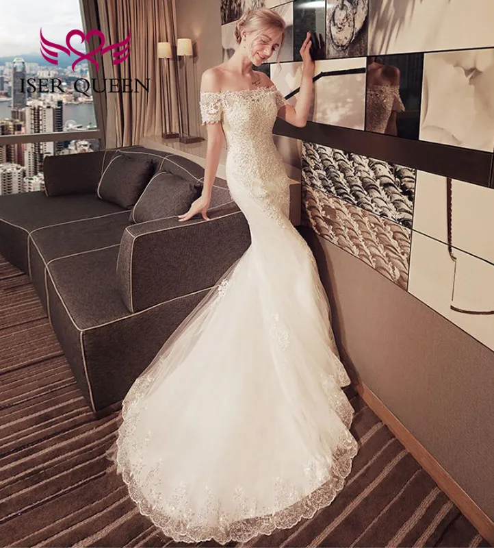 

Short Sleeves Lace Applique Mermaid Wedding Dress Pure White Color Beading Lace Bride Dress Lace Up back WX0048