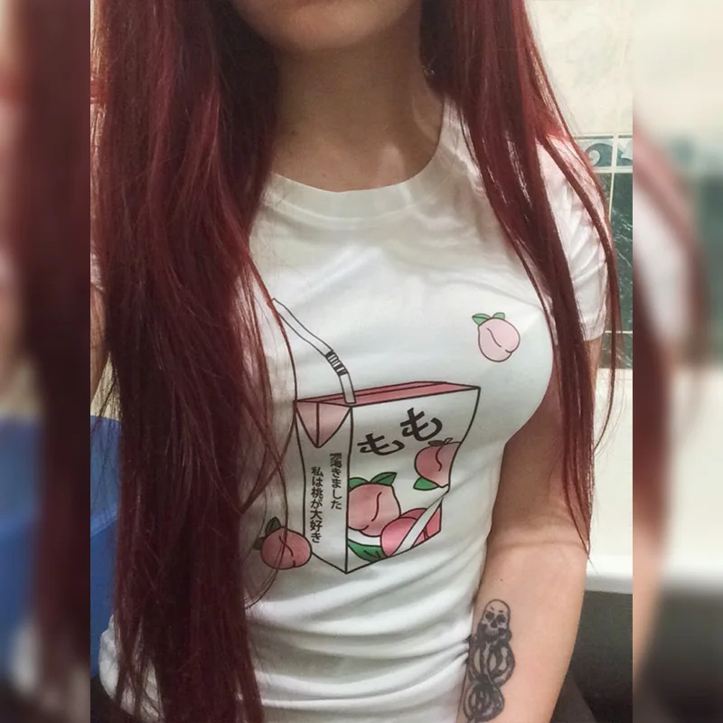Juice Japanses Эстетическая мультяшная персиковая гранж футболка Женская Harajuku Kawaii розовая футболка Летняя повседневная одежда tumblr футболка Топы