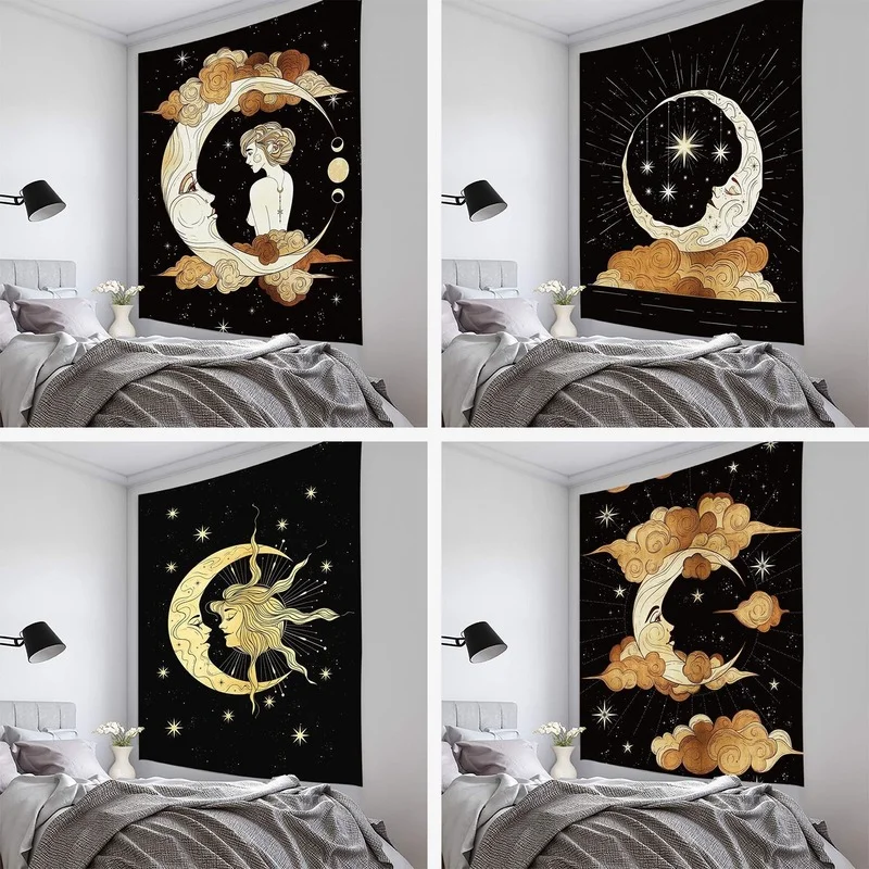

Stars And Moon Girl Black And White Series Home Tapestry Wall Hanging Beach Towel Homestay Living Room Decoration Cloth