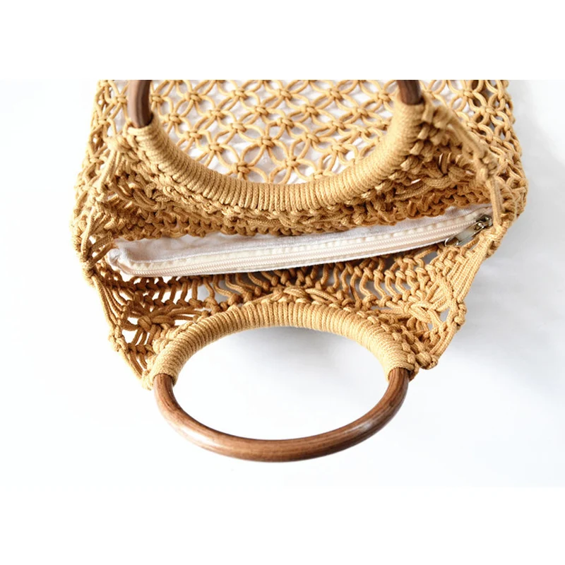 

New Fashion Designer Cotton Thread Summer Beach Bag Round Wood Handle Tote Bags Weaving Rattan Bag Hollow Out Straw Bag