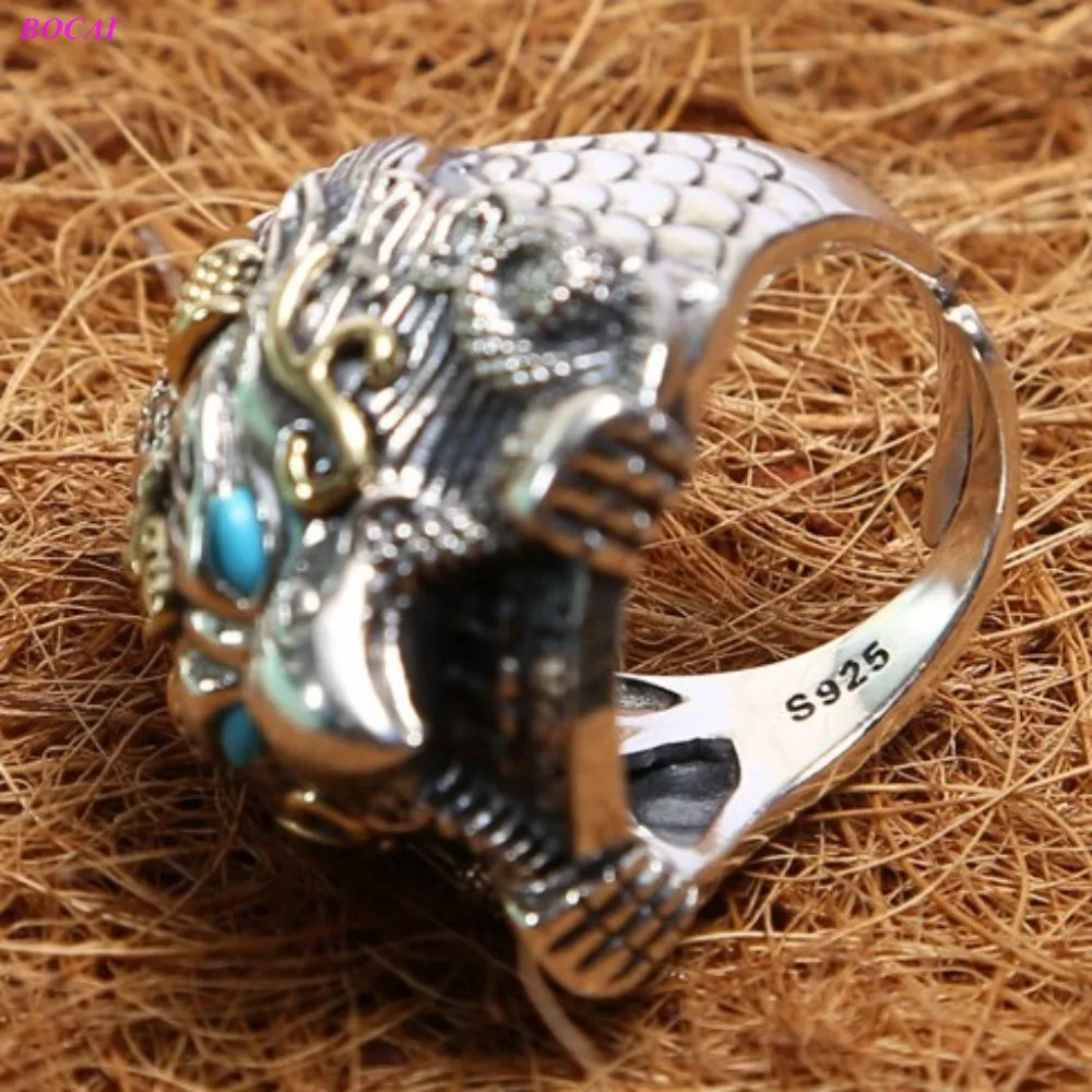 

BOCAI S925 sterling silver ring personality adjustable domineering gold winged bird Guardian God Thai Silver rings for men
