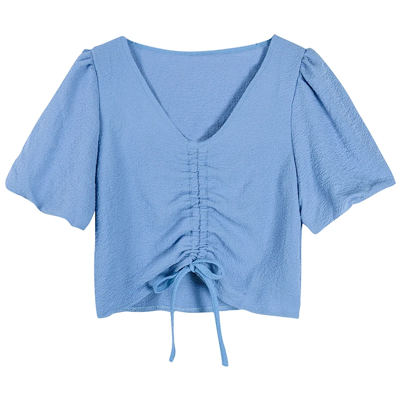 

Summer thin bubble sleeve drawstring thin top women's short sleeve V-neck short shirt