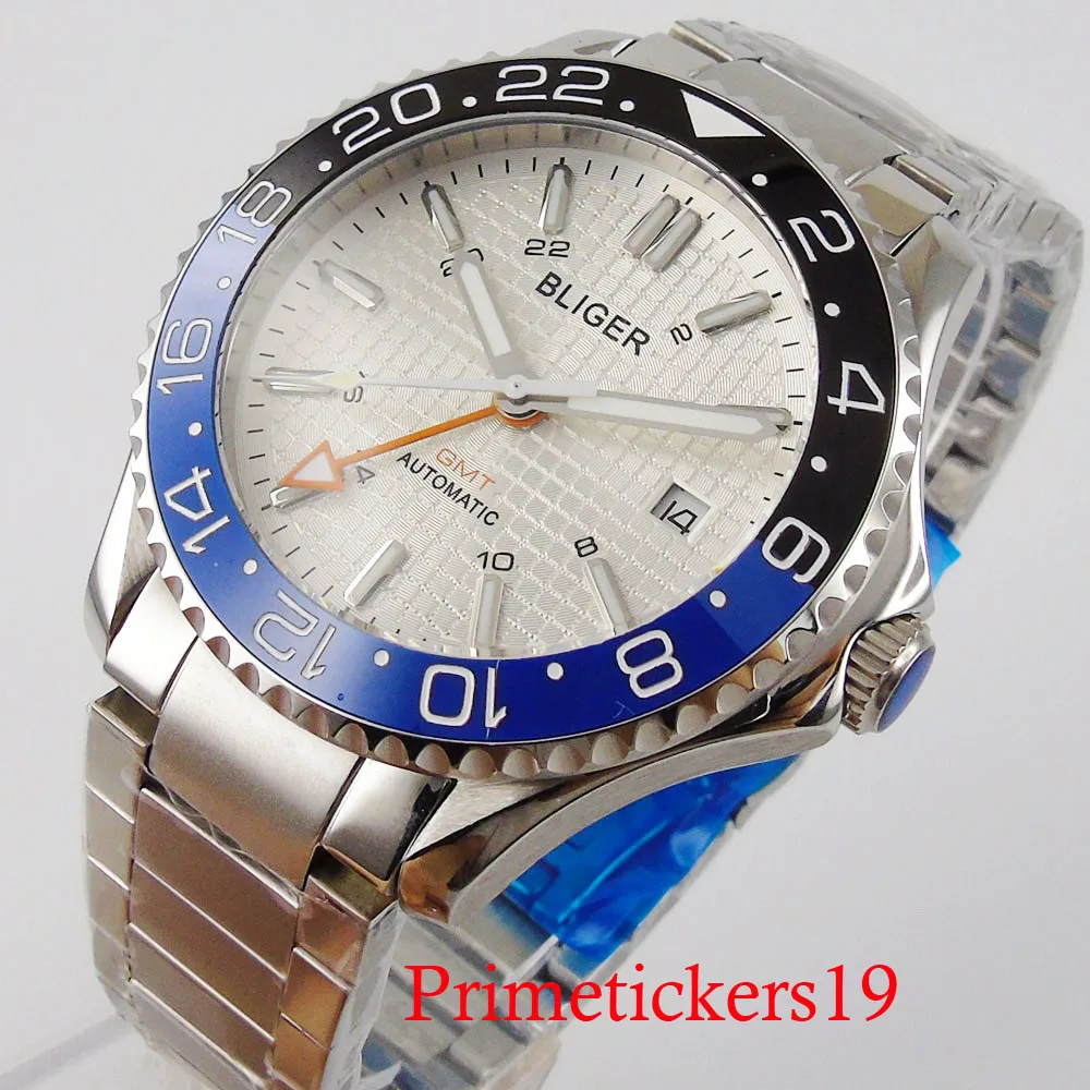 

BLIGER Brand Self Winding 41mm Men Watch Sapphire Glass GMT Hand Rotating Blue and BlackBezel Mental Bracelet