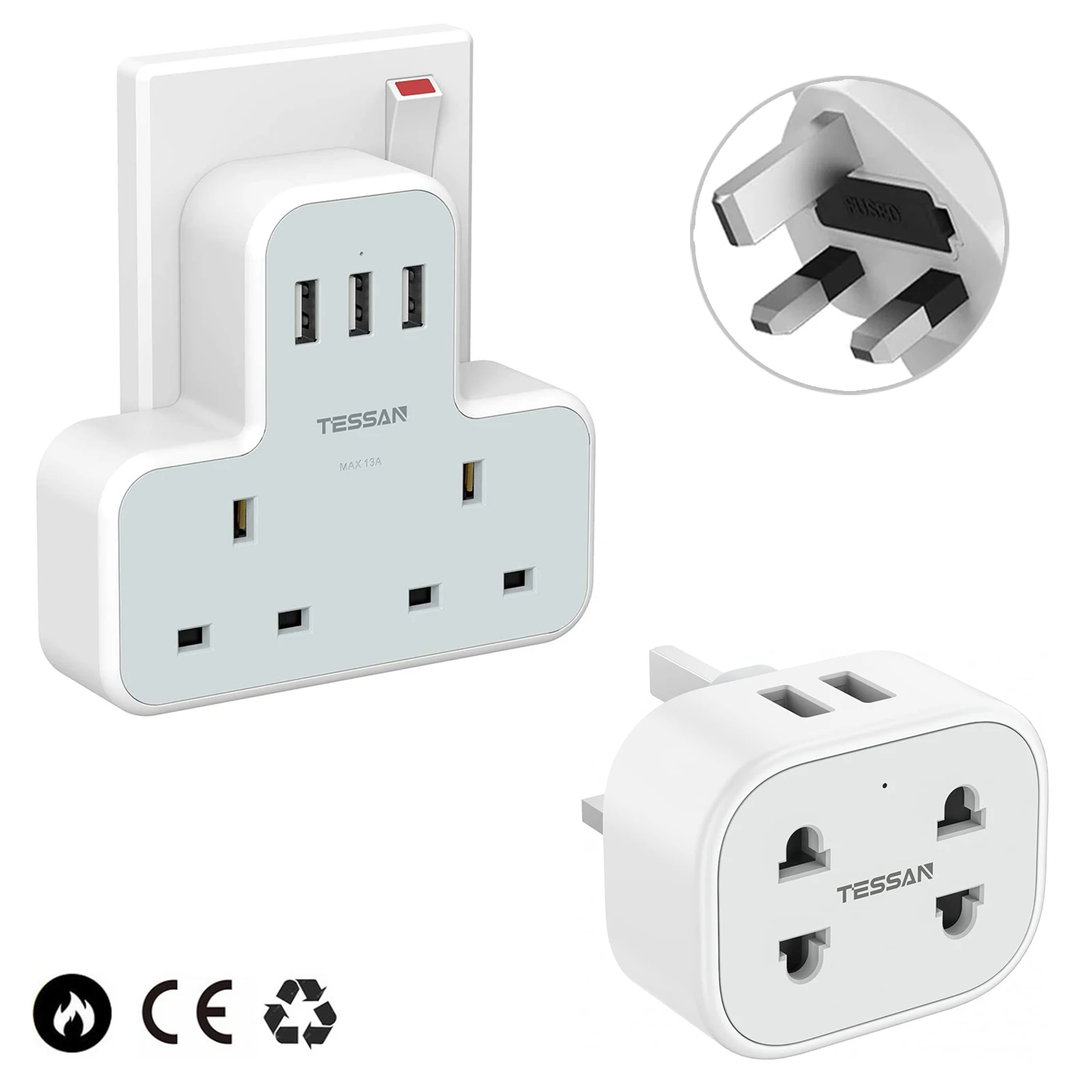 

TESSAN 5 in 1 Double Plug Adaptor with 3 USB Ports (2.4A), UK 3 Pin Wall Socket Extender Charger for Home, Office, Travel