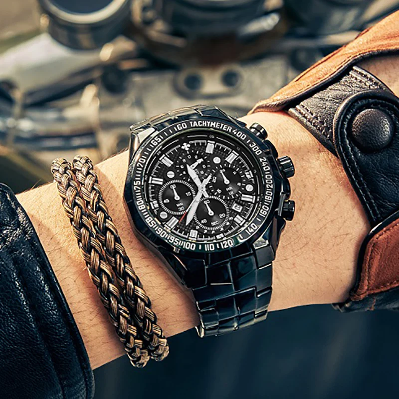 

WWOOR Sport Chronograph Watch Men Top Luxury Brand Reloj Hombre Full Black Big Dial Stainless Steel Quartz Wristwatch Male 2020