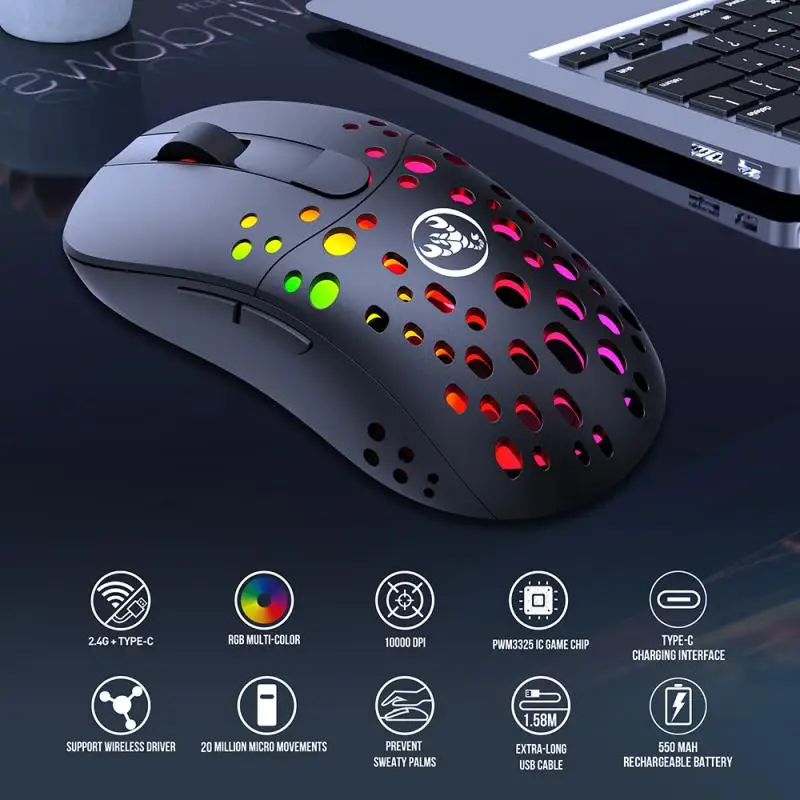 

T100 2.4G Wireless Mouse Dual Mode RGB Wired 10000 DPI Adjustable LED Backlit Ergonomic Gaming Mouse For Laptop PC Computer Mac