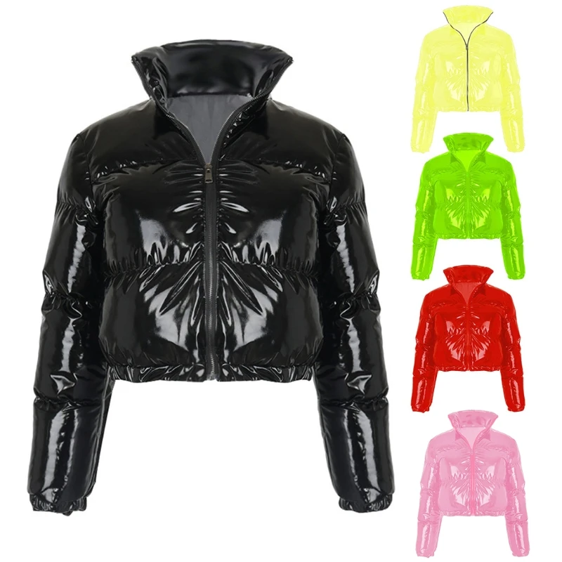 

Women Winter Long Sleeve Zipper Puffer Jacket Stand Collar Shiny Metallic Faux Leather Cropped Puffy Bubble Coat Quilted Parkas