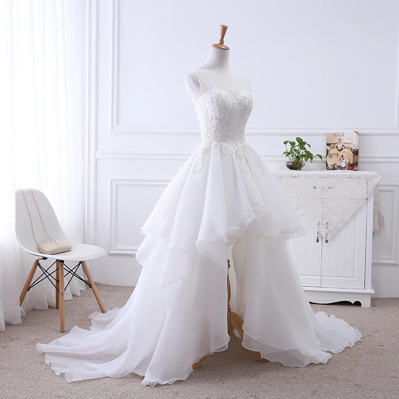 2020 Новое Короткое свадебное платье с круглым вырезом спереди и длинной спинкой