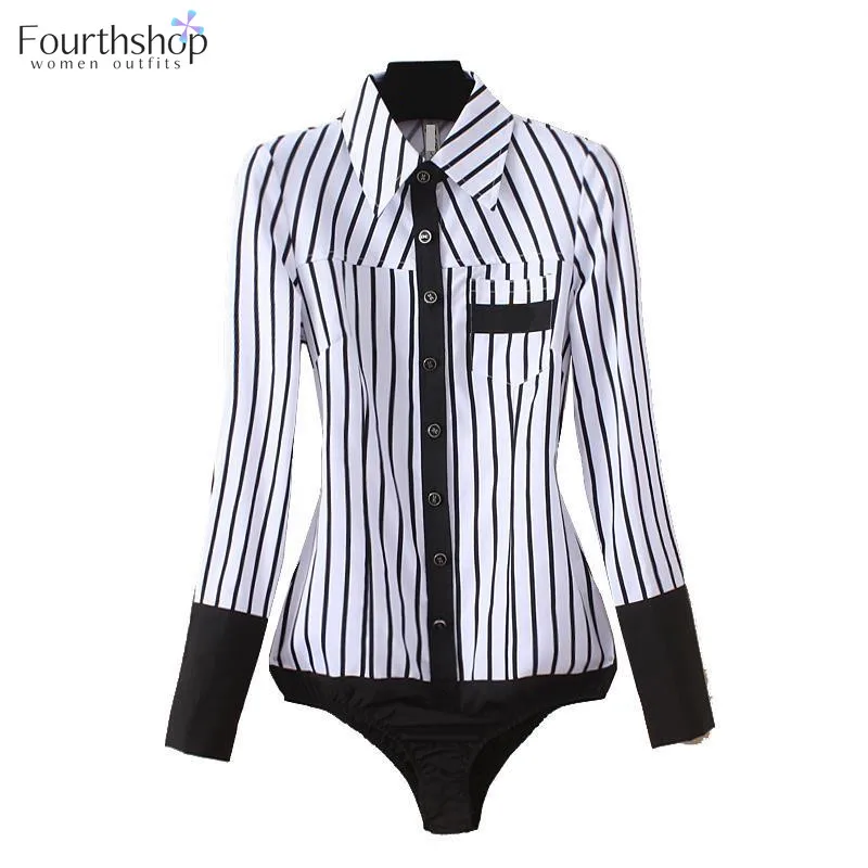 

Fashion Stripe Blouses and Tops for Women Office Lady Work Body Shirt Long Sleeve Bodysuit Female Rompers Autumn Jumpsuit 2021