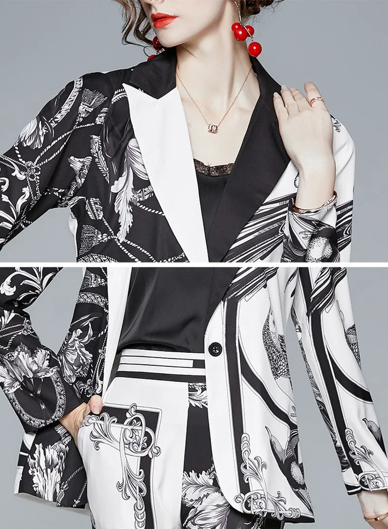 

2020 Autumn Winter Fashion Women Blazer Pant Set Office Ladies print Jacket +pants Female 2 Piece Sets