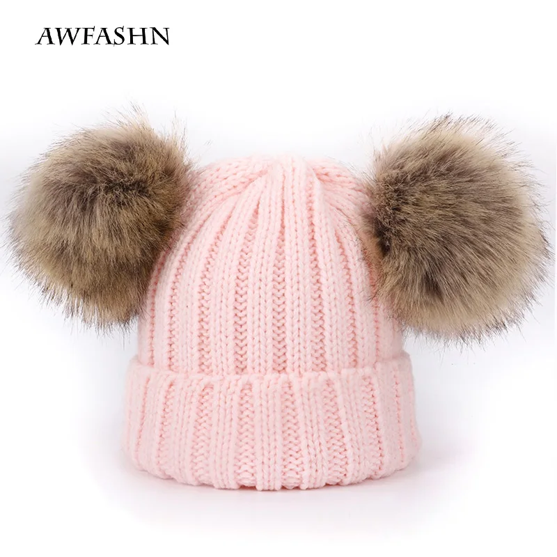 Новые детские вязаные шапки для девочек и мальчиков с помпонами из меха енота
