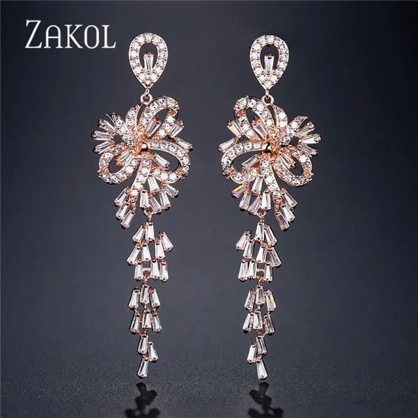 Rose Gold Color ZAKOL новые роскошные длинные висячие серьги с кубическим цирконием для женщин Сияющий Свадебный цветок с кристаллами Свадебные ювелирные изделия FSEP2108 - Окраска металла: Rose Gold Color