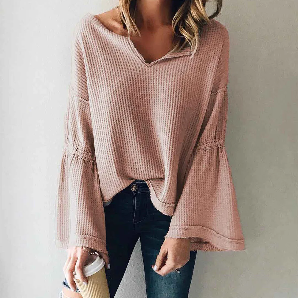 Женские блузки 2019 вязаная однотонная повседневная женская рубашка с длинным