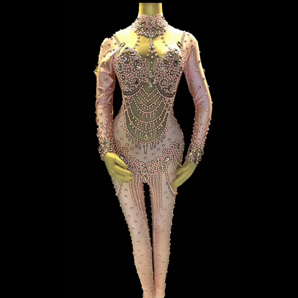 Блестящий Комбинезон с кристаллами и жемчугом женский комбинезон сексуальные