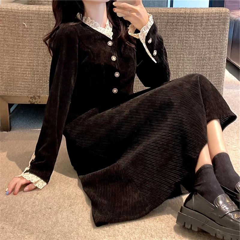 

Black Lace Stitching Elegant Inner Wear Skirt Women's French Dress Autumn and Winter Skirt Bottoming Thickening Corduroy Dress