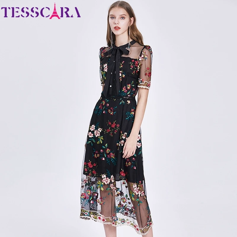 TESSCARA женское роскошное Сетчатое платье с вышивкой высококачественное Длинное