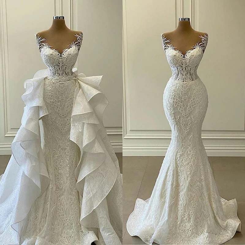 

Vintage Plus Size African Wedding Dresses 2021 With Detachable Train Lace Mermaid Muslim Wedding Gowns Country Garden Bridal Dre