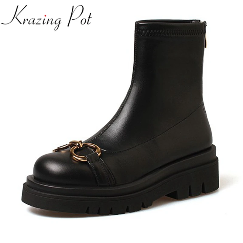 

Krazing pot cow leather round toe leisure metal western boots med heels platform hip hop style plus size 44 stretch ankle boots