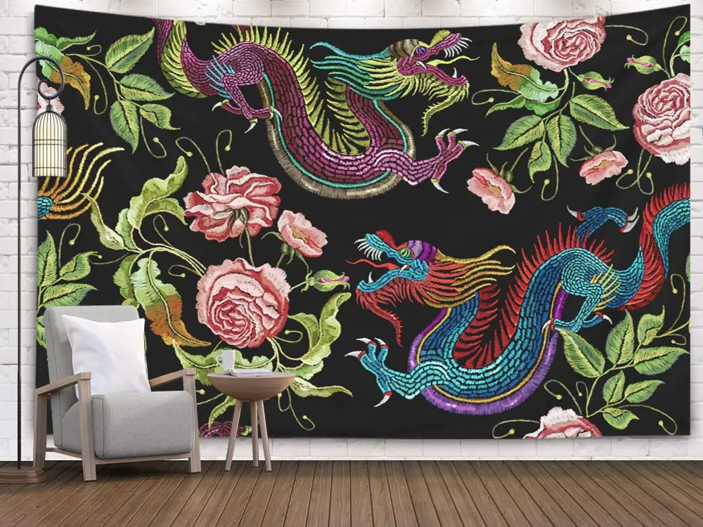 Печать настенные гобелены для гостиной и спальни Китайские драконы цветы пионы