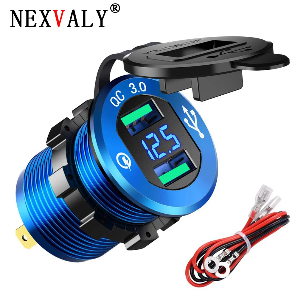 

NEXVALY Car USB Charger Socket QC 3.0 12V 24V Aluminum USB Power Outlet with LED Voltmeter for Motorcycle Truck Marine Boat