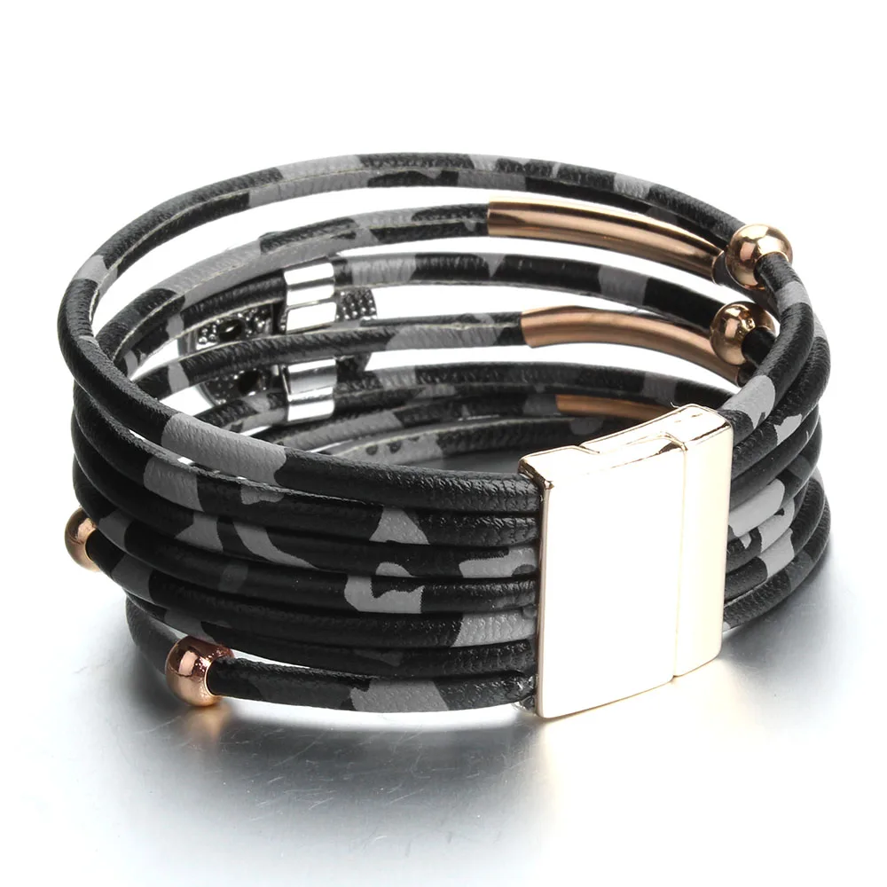 Женский кожаный браслет с леопардовым принтом широкий многослойный