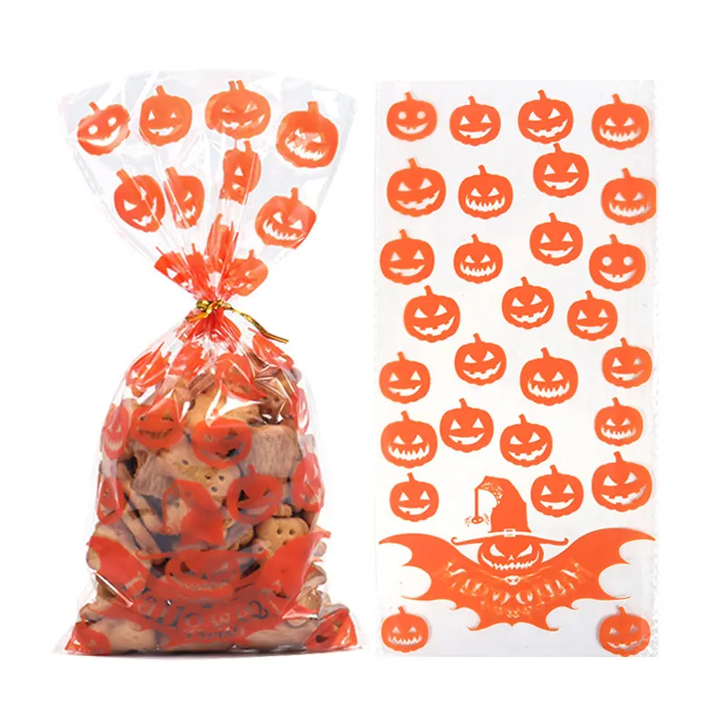 

50pcs Halloween Gift Bag Pumpkin Skull Cat Creative Print Candy Bag Halloween Party Cellophane Baking Packaging Bag Decoration