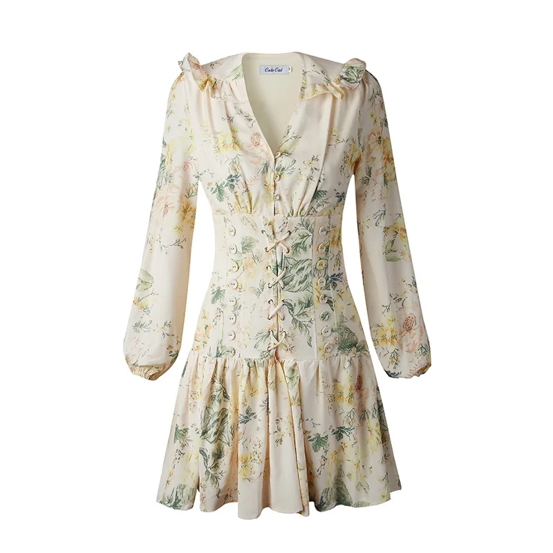 

[DEAT] new summer y2k vacation dress V-neck three quarter sleeves printed high waist mini dress female vestido WS25012L