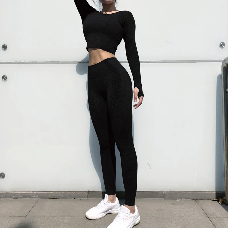 

Nahtlose 2 Pcs Set Frauen Sport Anzug Gym Workout Kleidung Langarm Fitness Crop Top Und Scrunch Butt Yoga Leggings yoga Set