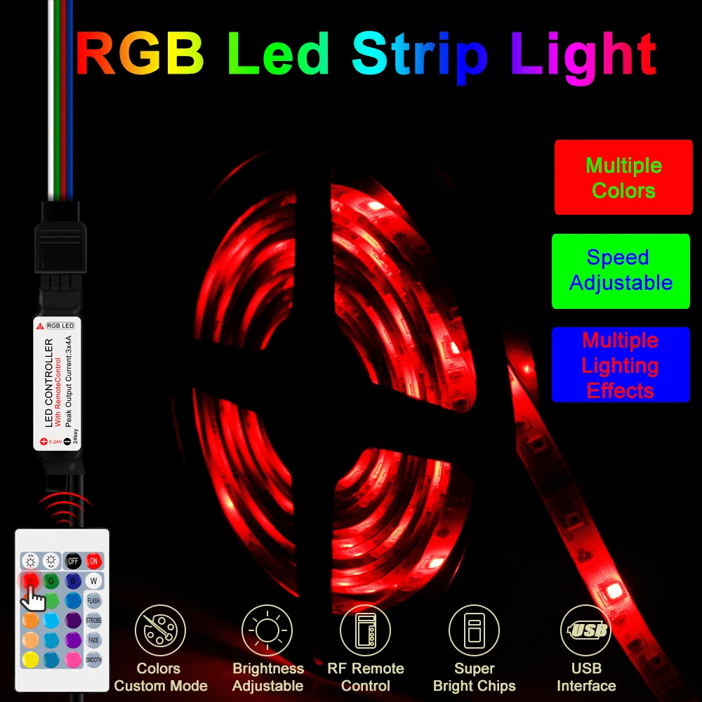 

Гибкая светодиодная лента, 16 цветов, 5 В, RGB, с пультом дистанционного управления, для спальни, украшения для шкафа, светодиодная лампа, водоне...