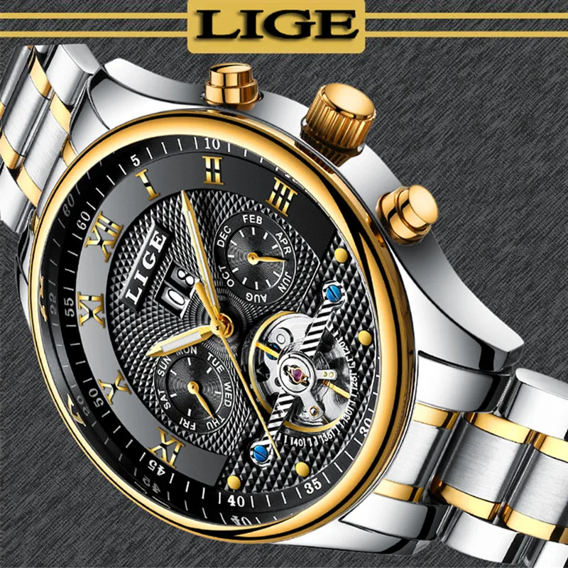 Бренд lige механические часы из нержавеющей стали деловые для мужчин топ класса