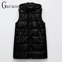 garaouy 2021 new women black sleeveless faux leathe hooded vest coat vintage cotton waistcoat female sleeveless jacket outwear
