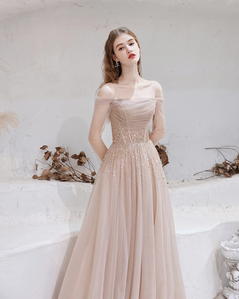 formal evening gowns Gorgeous Evening Dresses 2021 Nude Pink Sexy Off Shoulder Beaded Beading Sequined Long Sleeve Formal Gown formal evening gowns