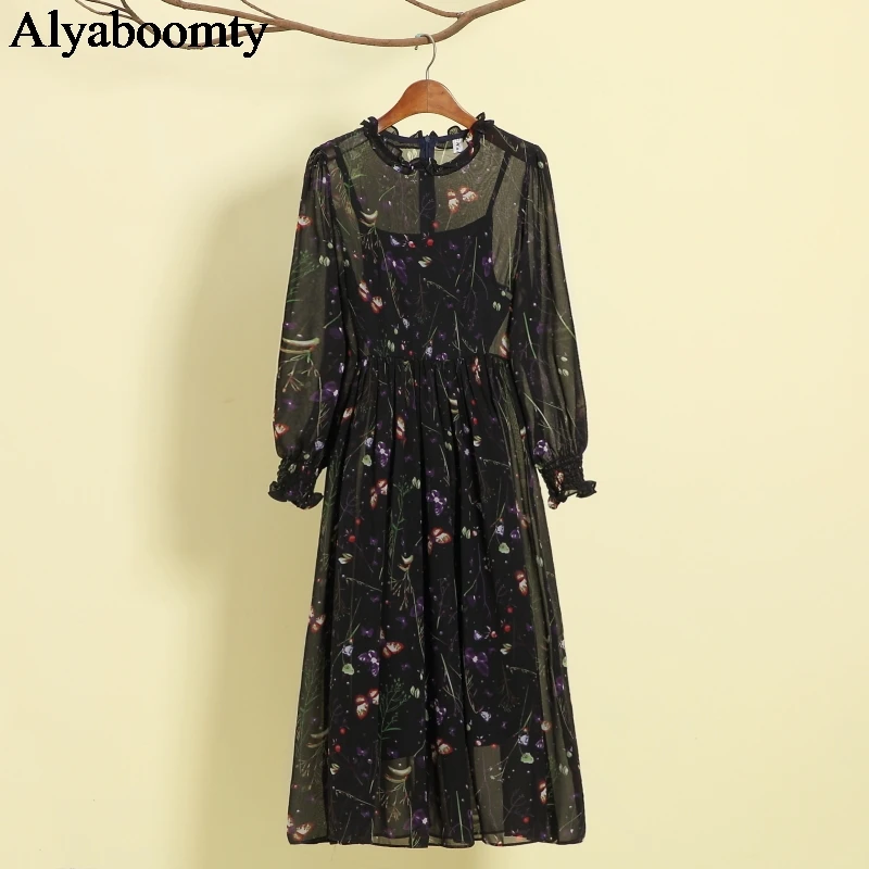 Женское длинное шифоновое платье элегантное Прозрачное с цветочным принтом и