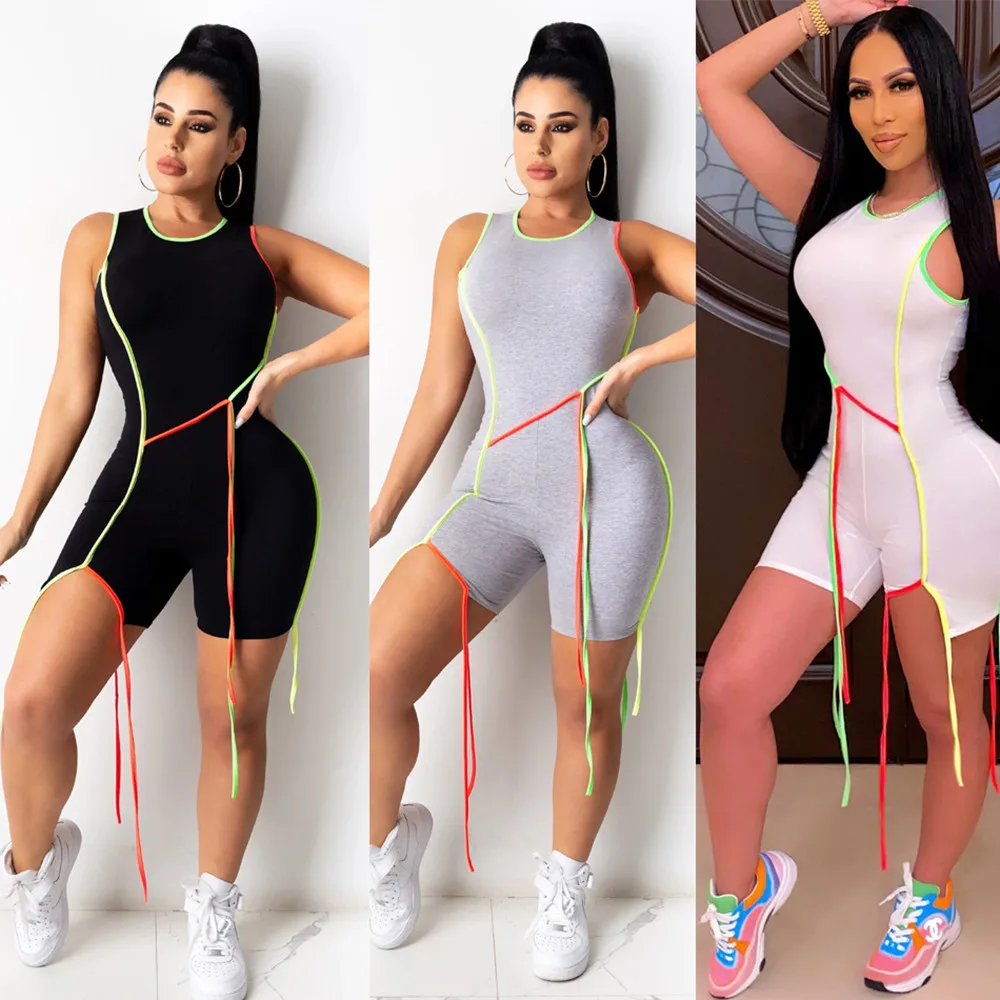 

2021 spring new fashion solid color leisure sports Jumpsuit slim fit o-neck sleeveless women's Vest shorts