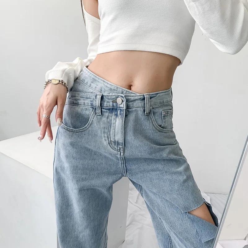 2021 Summer Pants Women High Waist Ripped Loose Thin Korean Fashion Straight-Leg Female Jeans Washed Same Trousers For Women