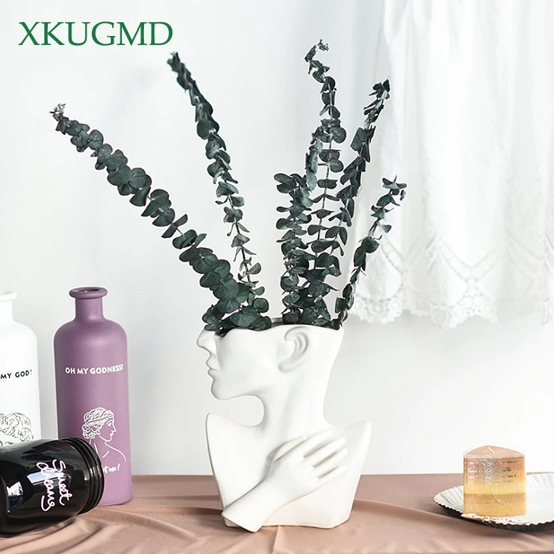 

Half-length Human Face Ceramic Flower Pot White Figure Sculpture Crafts Desktop Flower Arrangement Container Garden Decoration