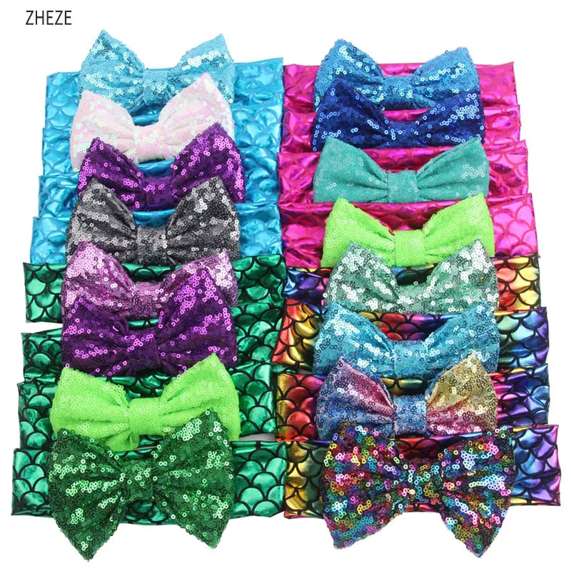 Блеск повязка на голову для Русалочки Девочки Лето 2021 Новый 5''Sequins с бантом