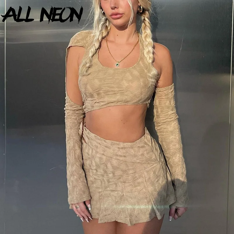 

ALLNeon Y2K Vintage Streetwear Hollow Out Folds Khaki Co-ord Suits Retro Cute Long Sleeve Crop Tops Pleated Skirts 2 Piece Sets