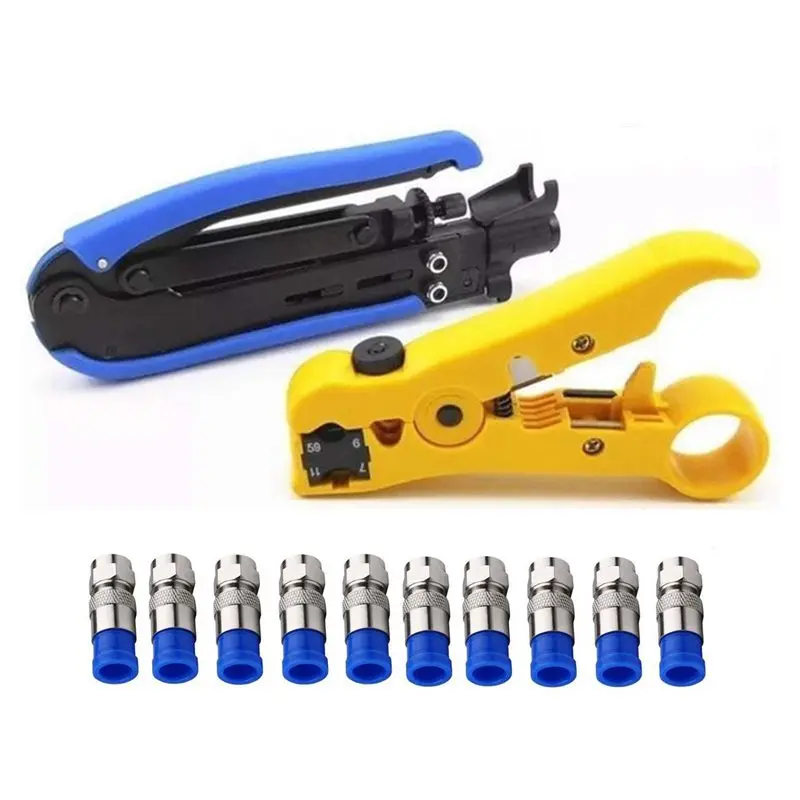 

Compression Tool Coax Cable Crimper Kit Adjustable Rg6 Rg59 Rg11 75-5 75-7 Coaxial Cable Stripper With 10 Pcs F Compression Conn